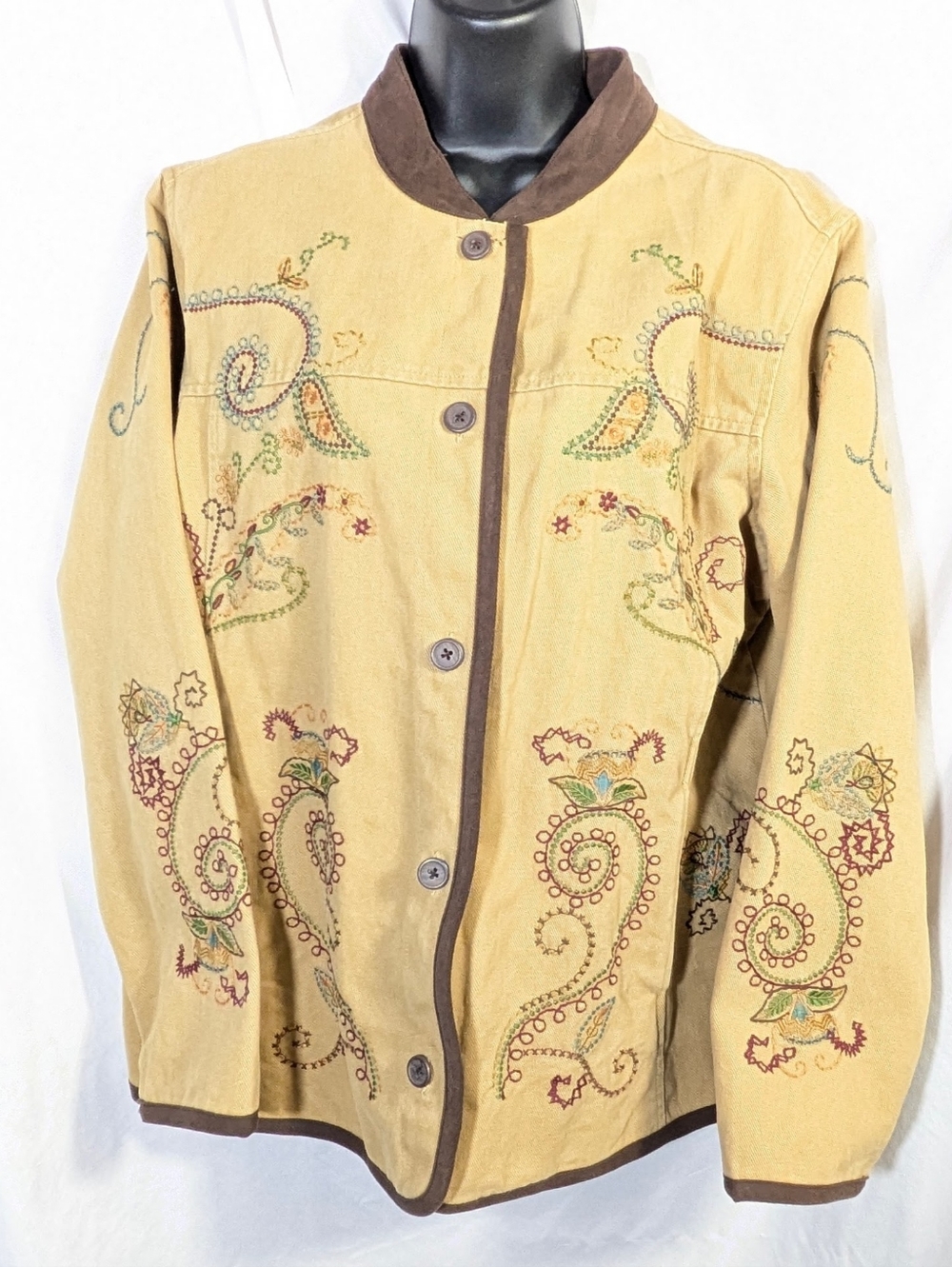 Denim & Co. Paisley Embroidered Boho Western Button Up Women's Jacket Sz L